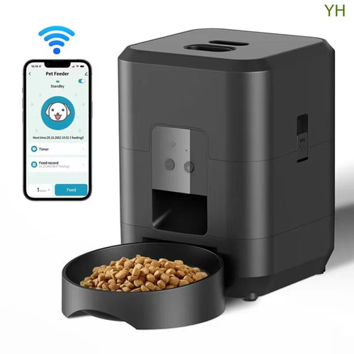 Smart pet feeder with HD camera and app control, showing feeder and smartphone interface